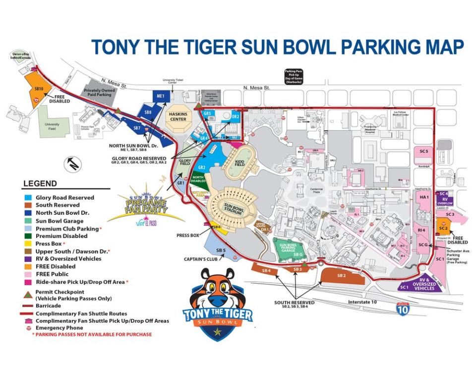 Here is the parking map for the 90th Annual Tony the Tiger Sun Bowl Game.