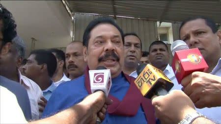 Former president and current leader of opposition party, Mahinda Rajapaksa, speaks to media in Negombo, Sri Lanka, April 21, 2019 in this still image obtained from video. Derana TV/via Reuters TV