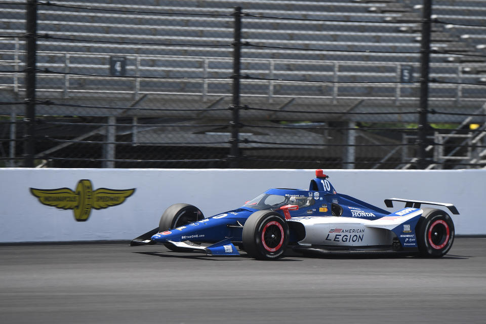 INDIANAPOLIS, IN - MAY 22: Alex Palou (#10 Chip Ganassi Racing) drives off of turn four during practice for the NTT IndyCar Series Indy 500 on May 22, 2023, at the Indianapolis Motor Speedway in Indianapolis, Indiana. (Photo by Michael Allio/Icon Sportswire via Getty Images)