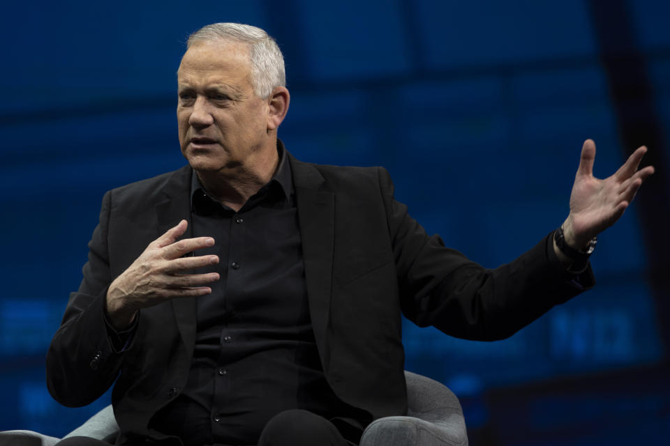 Israeli politician Benny Gantz gestures as he speaks during a conference in Jerusalem, March 7, 2021. Israel is holding its fourth election in two years after two deadlocked votes and a government that collapsed after less than a year. It is widely seen as a one-issue referendum — with the electorate almost evenly divided — on whether longtime Prime Minister Benjamin Netanyahu can remain in power. (AP Photo/Sebastian Scheiner)