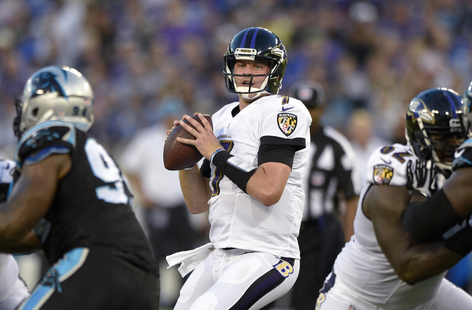 FILE - Baltimore Ravens quarterback Ryan Mallett looks to pass during the first half of an NFL preseason football game against the Carolina Panthers, Aug. 11, 2016, in Baltimore. Mallett, who played for New England, Houston and Baltimore during five seasons in the NFL, has died. He was 35. Mallett died in an apparent drowning, according to the Okaloosa County Sheriff’s Office. Mallett was a football coach at White Hall High School in his native Arkansas, and the school district also confirmed his death in a post on its website. (AP Photo/Nick Wass, File)