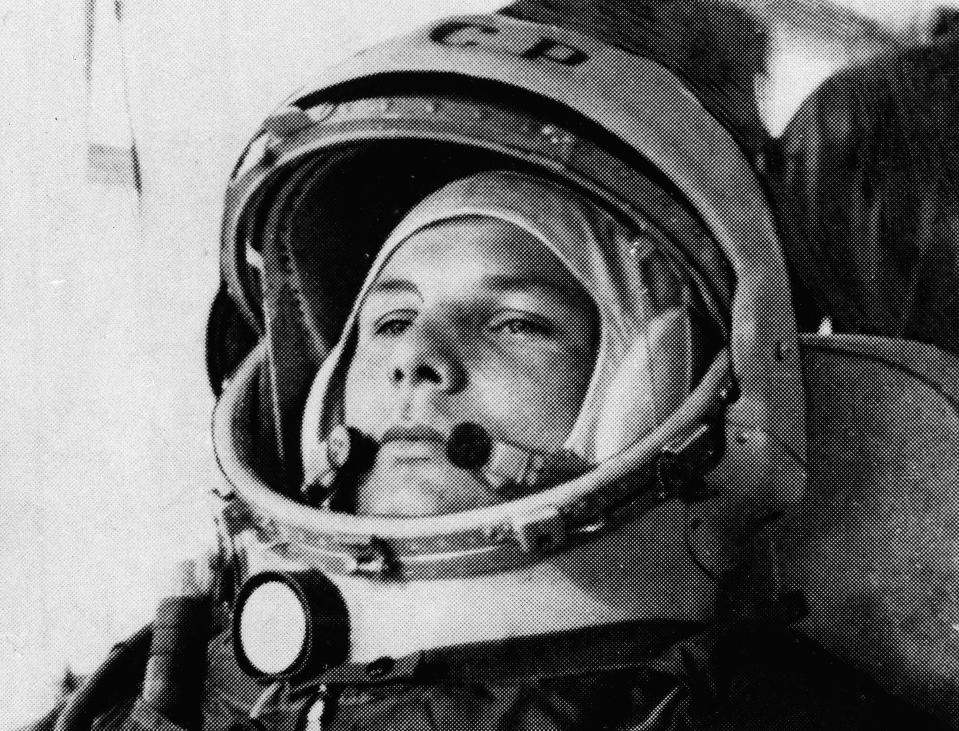 FILE - In this undated file photo, Soviet cosmonaut Major Yuri Gagarin, first man to orbit the earth, is shown in his space suit. Soviet cosmonaut Yuri Gagarin became the first human in space 60 years ago. The successful one-orbit flight on April 12, 1961 made the 27-year-old Gagarin a national hero and cemented Soviet supremacy in space until the United States put a man on the moon more than eight years later. (AP Photo/File)