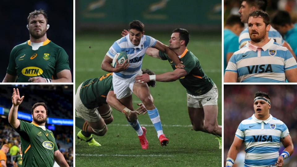 south africa v argentina - springboks duane vermeulen and frans malherbe and los pumas julian montoya and thomas with an action image from 2021 Credit: Alamy