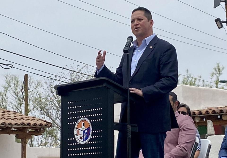 U.S. Rep. Tony Gonzales speaks during a ribbon-cutting ceremony to celebrate the opening of his new district office at Casa Ortiz in Socorro on Wednesday, May 3, 2023.