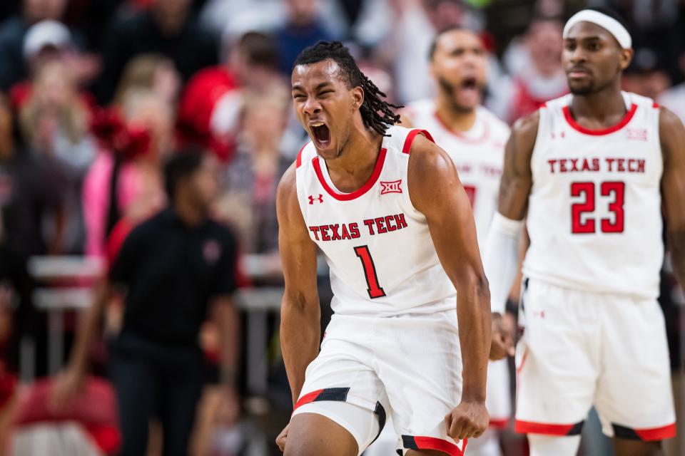 LUBBOCK, TEXAS - JANUARY 30: Guard Lamar Washington #1 of the Texas Tech Red Raiders shouts after drawing a charge during the second half of the college basketball game against the Iowa State Cyclones at United Supermarkets Arena on January 30, 2023 in Lubbock, Texas. (Photo by John E. Moore III/Getty Images) ORG XMIT: 775898457 ORIG FILE ID: 1460955293