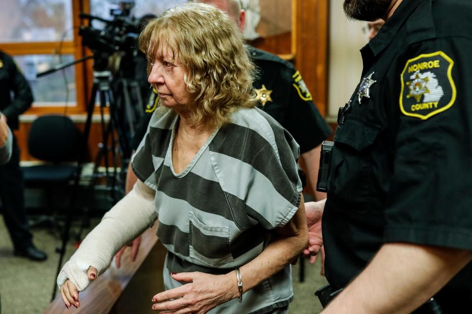 Marshella Chidester leaves the courtroom after being arraigned at 1st District Court in Monroe on Tuesday, April 23, 2024.