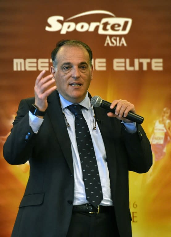 Spanish football league La Liga president Javier Tebas speaks during the Sportel Asia conference in Singapore on March 16, 2016