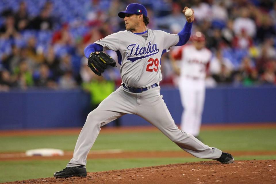 Italy starting pitcher Dan Serafini (29) delivers a pitch against Canada during the 2009 World Baseball Classic at the Rogers Centre in Toronto, Canada.