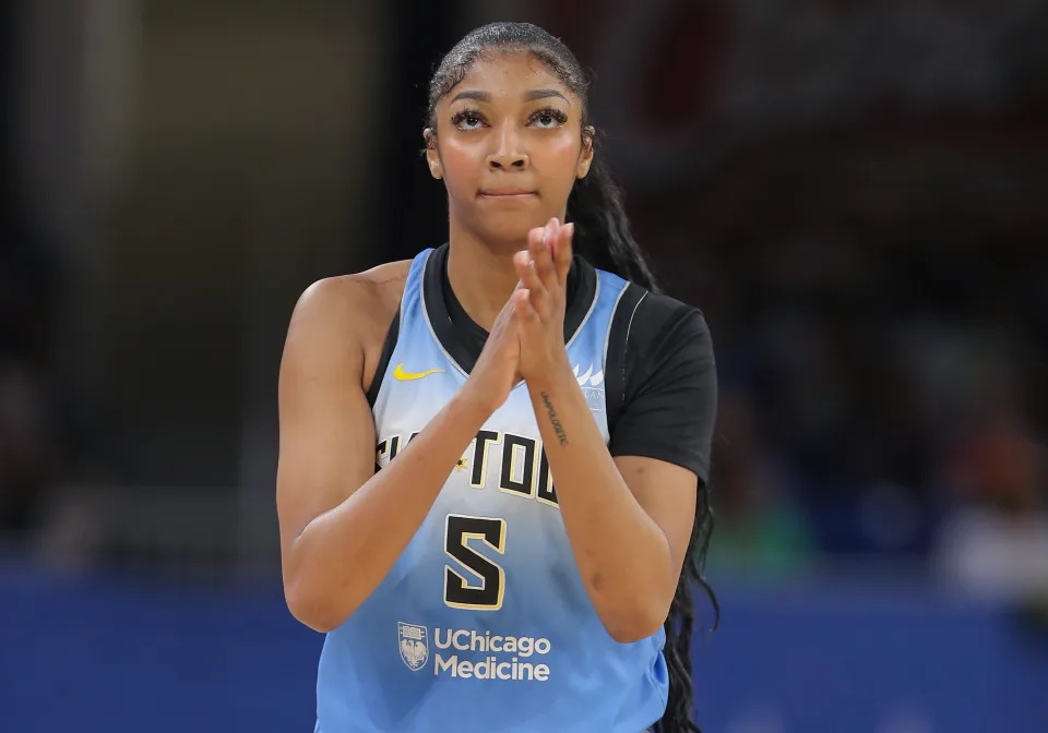 CHICAGO, IL - JULY 13: Angel Reese #5 of the Chicago Sky reacts during the second half against the New York Liberty on July 13, 2024 at Wintrust Arena in Chicago, Illinois. (Photo by Melissa Tamez/Icon Sportswire via Getty Images)