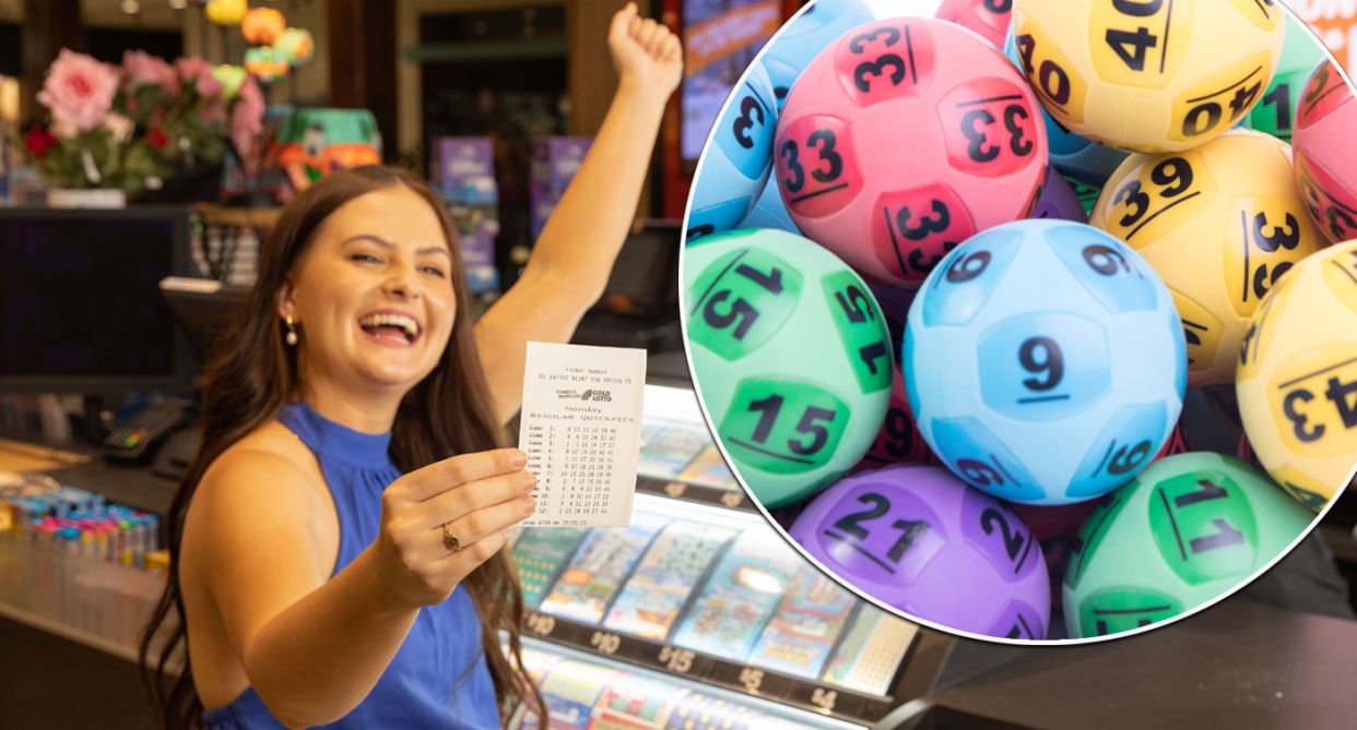 A woman holding a wining lotto ticket pictured smiling.