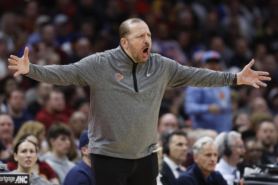 New York Knicks head coach Tom Thibodeau argues a call during the second half of an NBA basketball game against the Cleveland Cavaliers, Friday, March 31, 2023, in Cleveland. (AP Photo/Ron Schwane)