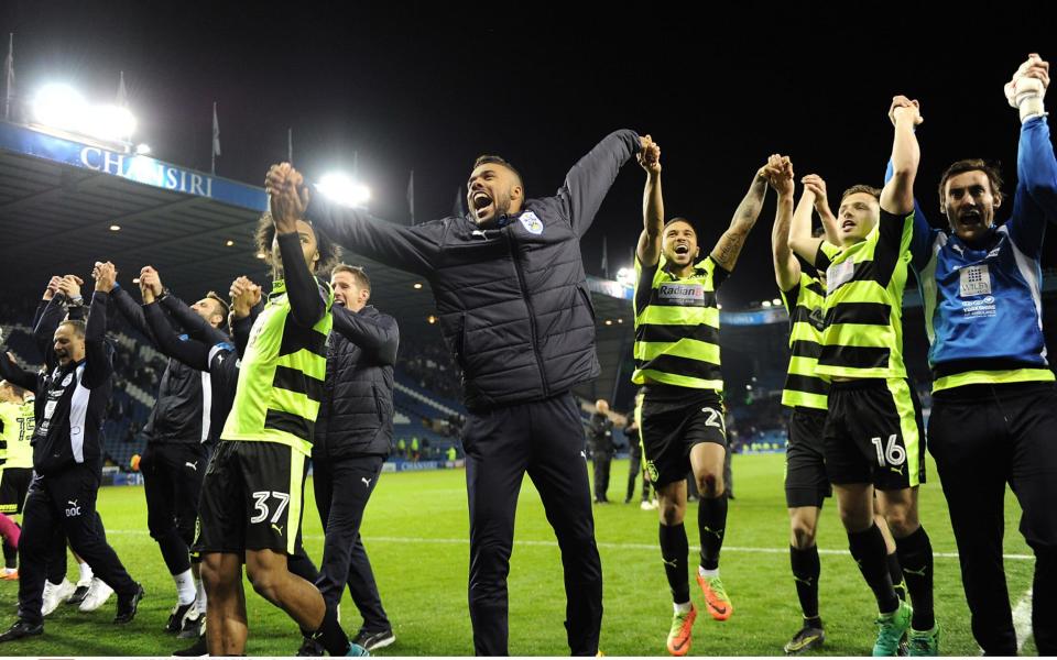 Huddersfield Town celebrate after the penalty shoot out during the Sky Bet Championship Play-off semi-final second leg match - Credit: Rex