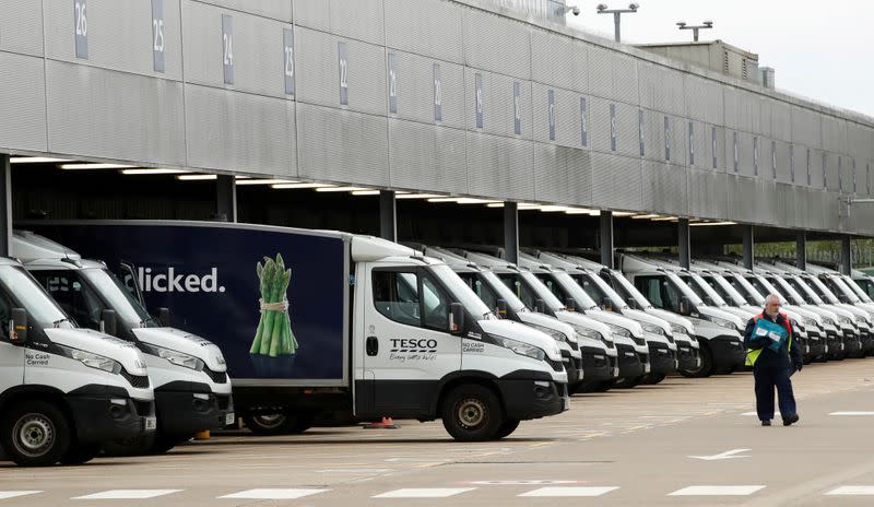 FILE PHOTO: General view of Tesco delivery vans at a depot in Enfield