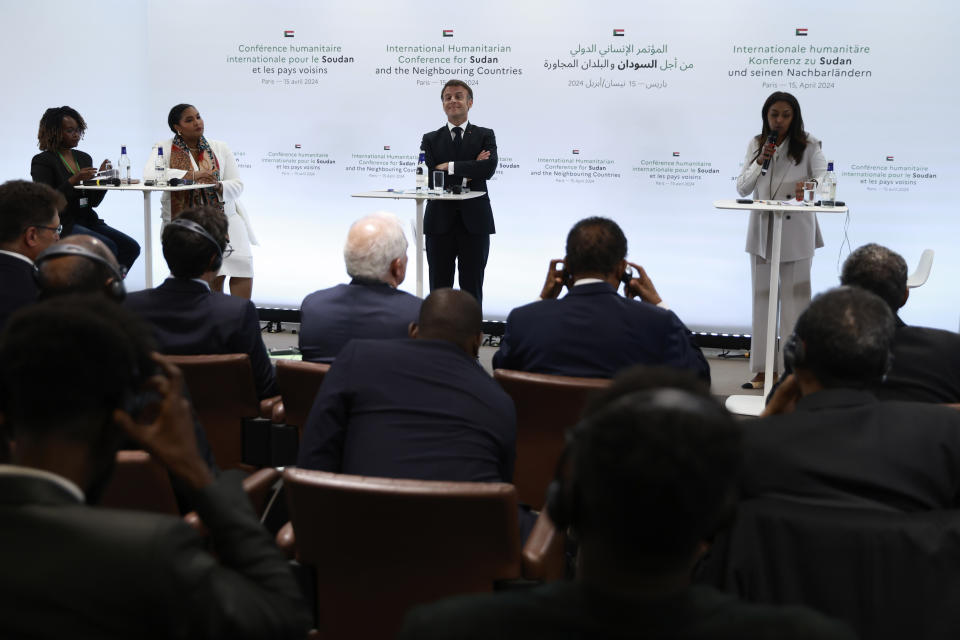 French President Emmanuel Macron, center, attends a session at the international conference on Sudan, Monday, April 15, 2024 in Paris. Top diplomats and aid groups met in the French capital to drum up humanitarian support for Sudan after a yearlong war has devastated the northeastern African country and pushed its people to the brink of famine. (AP Photo/Aurelien Morissard; Pool)
