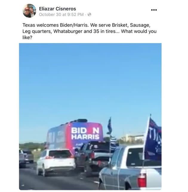 Eliazar Cisnseros, named in the Trump train lawsuit, boasts on Twitter about serving up 35-inch wheels to the Biden campaign. (Photo: Screen Shot/Twitter/Eliazar Cisnersos)