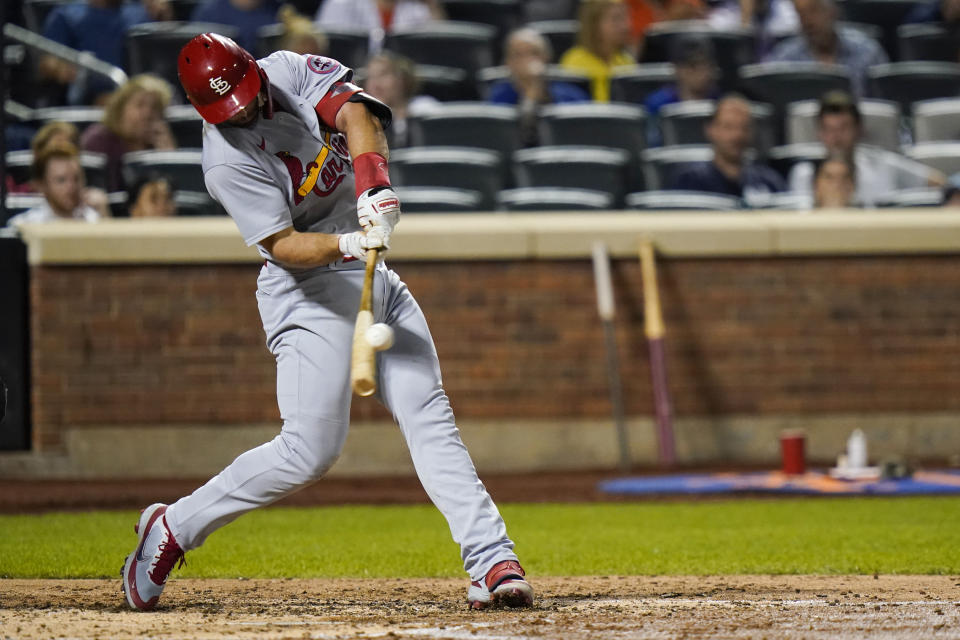 St. Louis Cardinals' Paul Goldschmidt hits a home run during the fifth inning of a baseball game against the New York Mets, Monday, Sept. 13, 2021, in New York. (AP Photo/Frank Franklin II)