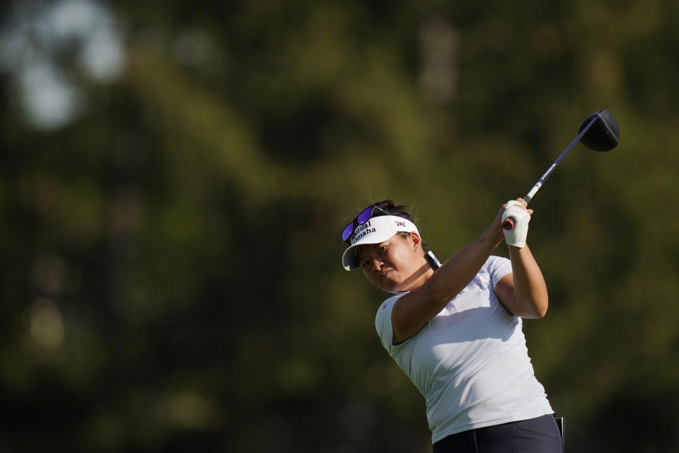 Megan Khang drives off the seventh tee during the first round of the LPGA Cognizant Founders Cup golf tournament, Thursday, May 12, 2022, in Clifton, N.J. (AP Photo/Seth Wenig)