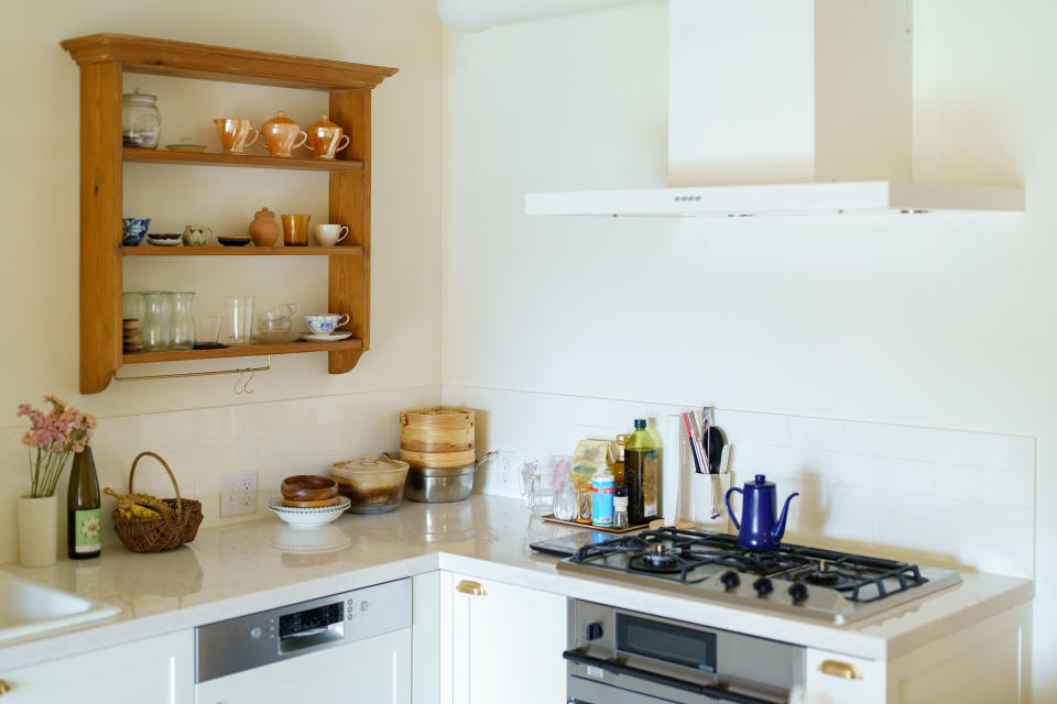 Bright kitchen with white walls in a apartment