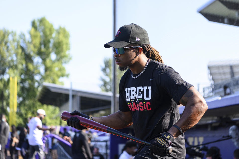 Alabama State University's Corey King steps out for batting practice during a workout the day before the HBCU Swingman Classic during the 2023 All Star Week, Thursday, July 6, 2023, in Seattle. (AP Photo/Caean Couto)