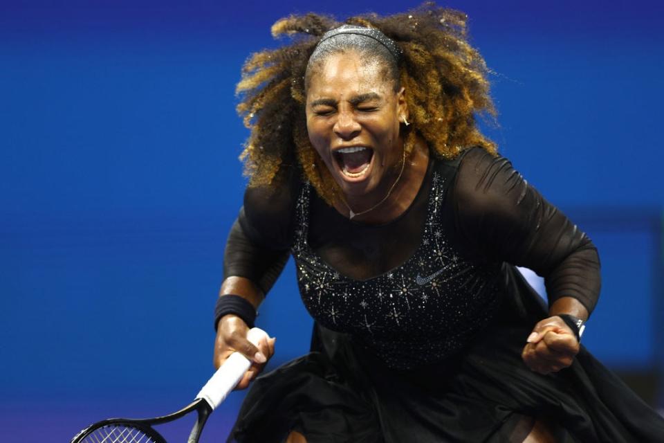 Serena Williams of the United States reacts after winning the first set against Danka Kovinic of Montenegro during the Women’s Singles First Round on Day One of the 2022 US Open at USTA Billie Jean King National Tennis Center on August 29, 2022. (Photo by Elsa/Getty Images)