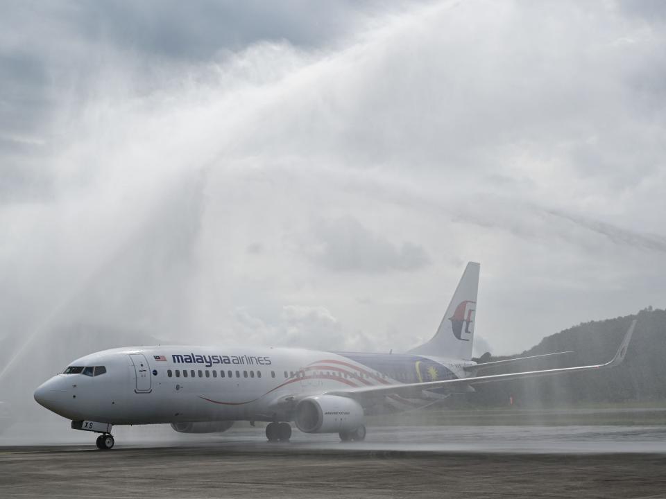 A Malaysia Airlines Boeing 738 lands on the island of Langkawi, Malaysia in September 2021 after it reopened to tourists following pandemic closures.