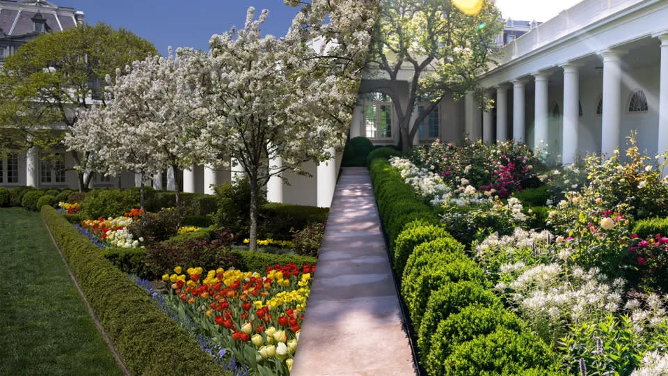 Der Rosengarten im April 2008 (links) und im Mai 2021 (rechts). (Brooks Kraft/Corbis via Getty Images; via Twitter)
