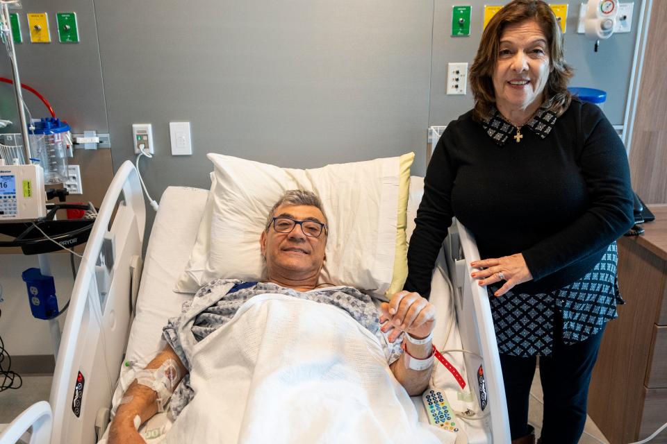 Apr 14, 2024; Paramus, NJ, United States; Ray Andrea is the first patient to be transferred from The Valley Hospital in Ridgewood to the new Paramus location on Sunday morning. Andre poses for a photo with his wife, Noelle Andrea in his new hospital room in Paramus.