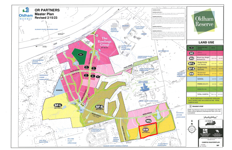 The master plan for Oldham Reserve in Oldham County shows a mix of land uses, from single- and multi-family residential to office and commercial.