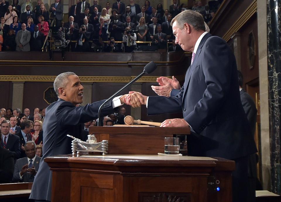 U.S. President Barack Obama is greeted by U.S. House Speaker Boehner prior to State of the Union address on Capitol Hill in Washington