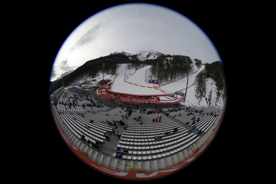 Empty seats are seen at the alpine skiing venue during the 2014 Sochi Winter Olympics, February 9, 2014. REUTERS/Kai Pfaffenbach (RUSSIA - Tags: SPORT OLYMPICS SKIING TPX IMAGES OF THE DAY) ATTENTION EDITORS: PICTURE 01 OF 25 FOR PACKAGE 'SOCHI - EDITOR'S CHOICE' TO FIND ALL IMAGES SEARCH 'EDITOR'S CHOICE - 09 FEBRUARY 2014'