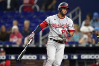 Washington Nationals' Yadiel Hernandez (29) reacts after he struck out swinging during the third inning of a baseball game against the Miami Marlins, Monday, May 16, 2022, in Miami. (AP Photo/Lynne Sladky)