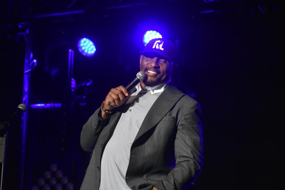 Baltimore Ravens NFL legend Ray Lewis speaks to the crowd at Dockside's second installment of "Dock Jam" on Saturday, October 7, 2023, in Pocomoke City, Maryland.