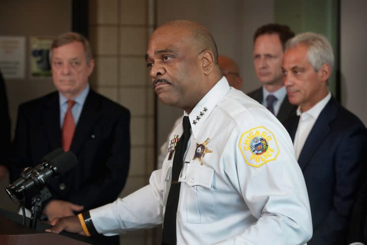 Senator Dick Durbin, D-Ill., police Superintendent Eddie Johnson, and Chicago Mayor Rahm Emanuel at a June 26, 2017, press conference announcing the use of a mobile ATF ballistics lab in Chicago.