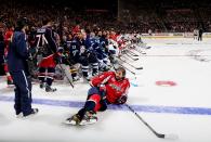 <p>Alex Ovechkin lies on the ice during 2015 NHL All-Star Skills Competition. (Getty Images) </p>