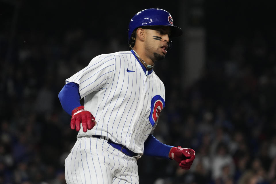 Chicago Cubs' Christopher Morel runs after hitting a one-run single during the fifth inning of a baseball game against the Pittsburgh Pirates in Chicago, Thursday, June 15, 2023. (AP Photo/Nam Y. Huh)