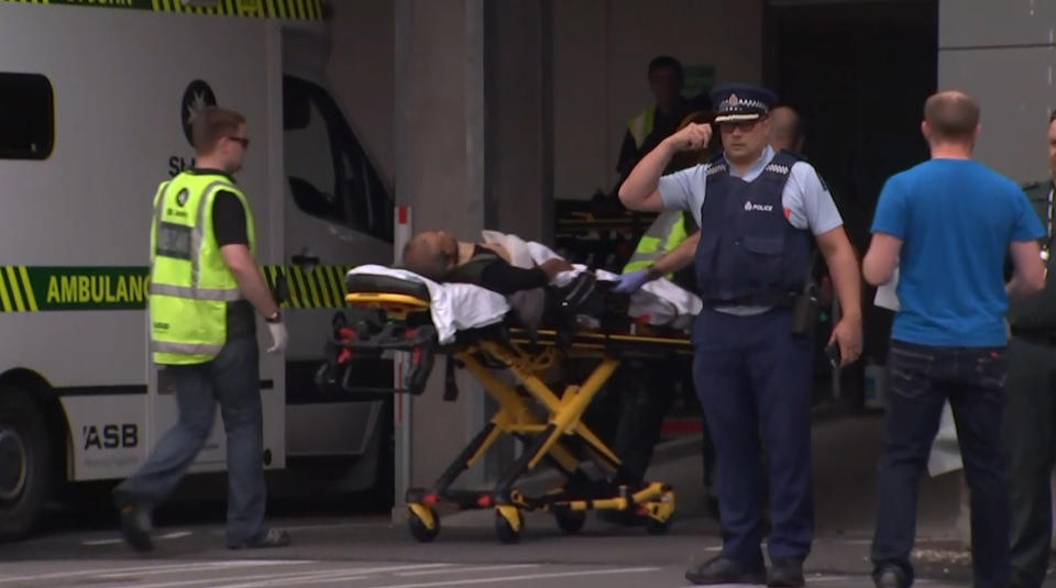 An image grab from TV New Zealand shows a victim arriving at a hospital following a mosque shooting in Christchurch&nbsp;on March 15, 2019.