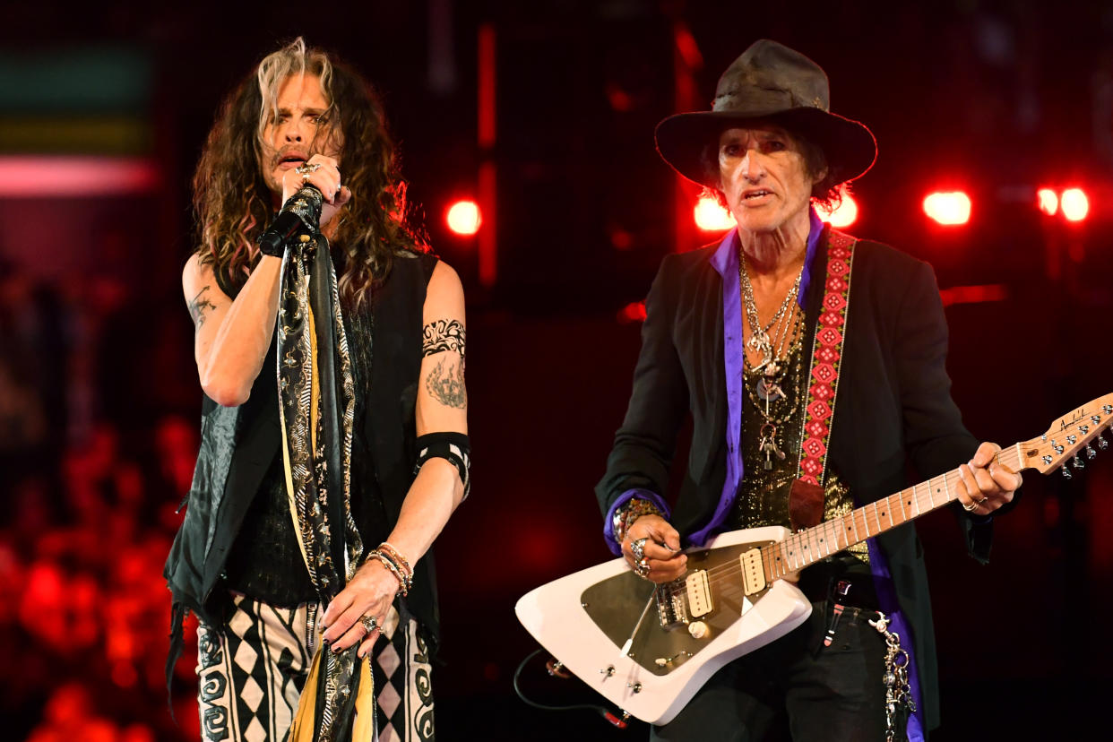 LOS ANGELES, CALIFORNIA - JANUARY 26: (L-R) Steven Tyler and Joe Perry of Aerosmith perform onstage during the 62nd Annual GRAMMY Awards at STAPLES Center on January 26, 2020 in Los Angeles, California. (Photo by Emma McIntyre/Getty Images for The Recording Academy)