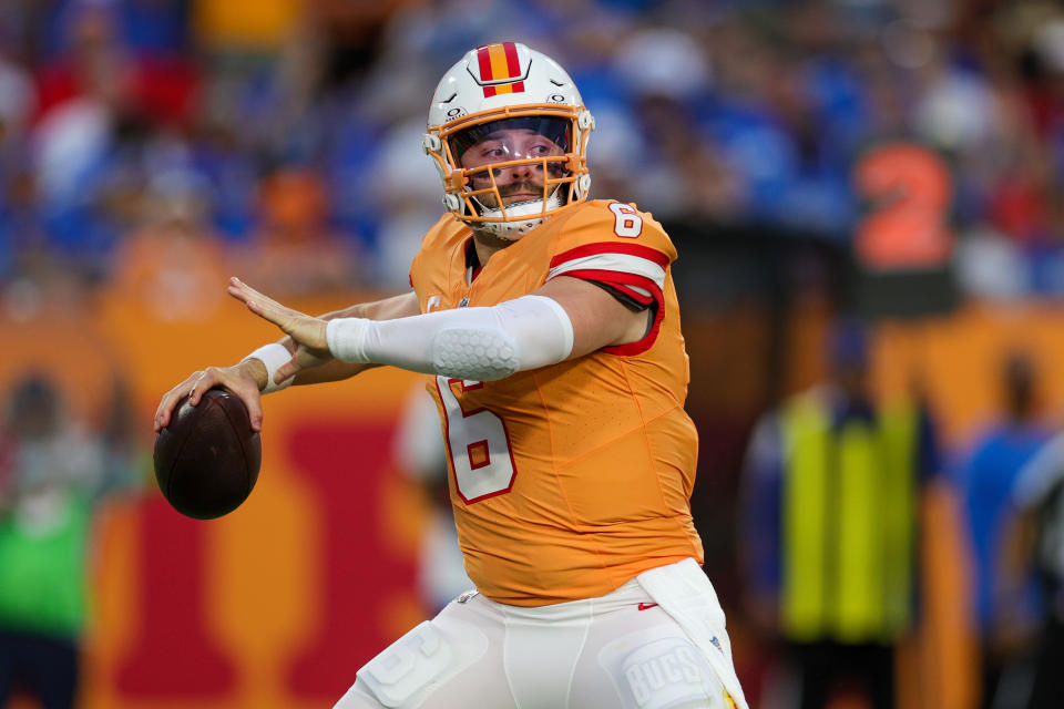 Oct 15, 2023; Tampa, Florida, USA; Tampa Bay Buccaneers quarterback Baker Mayfield (6) drops back to pass against the Detroit Lions in the fourth quarter at Raymond James Stadium. Mandatory Credit: Nathan Ray Seebeck-USA TODAY Sports