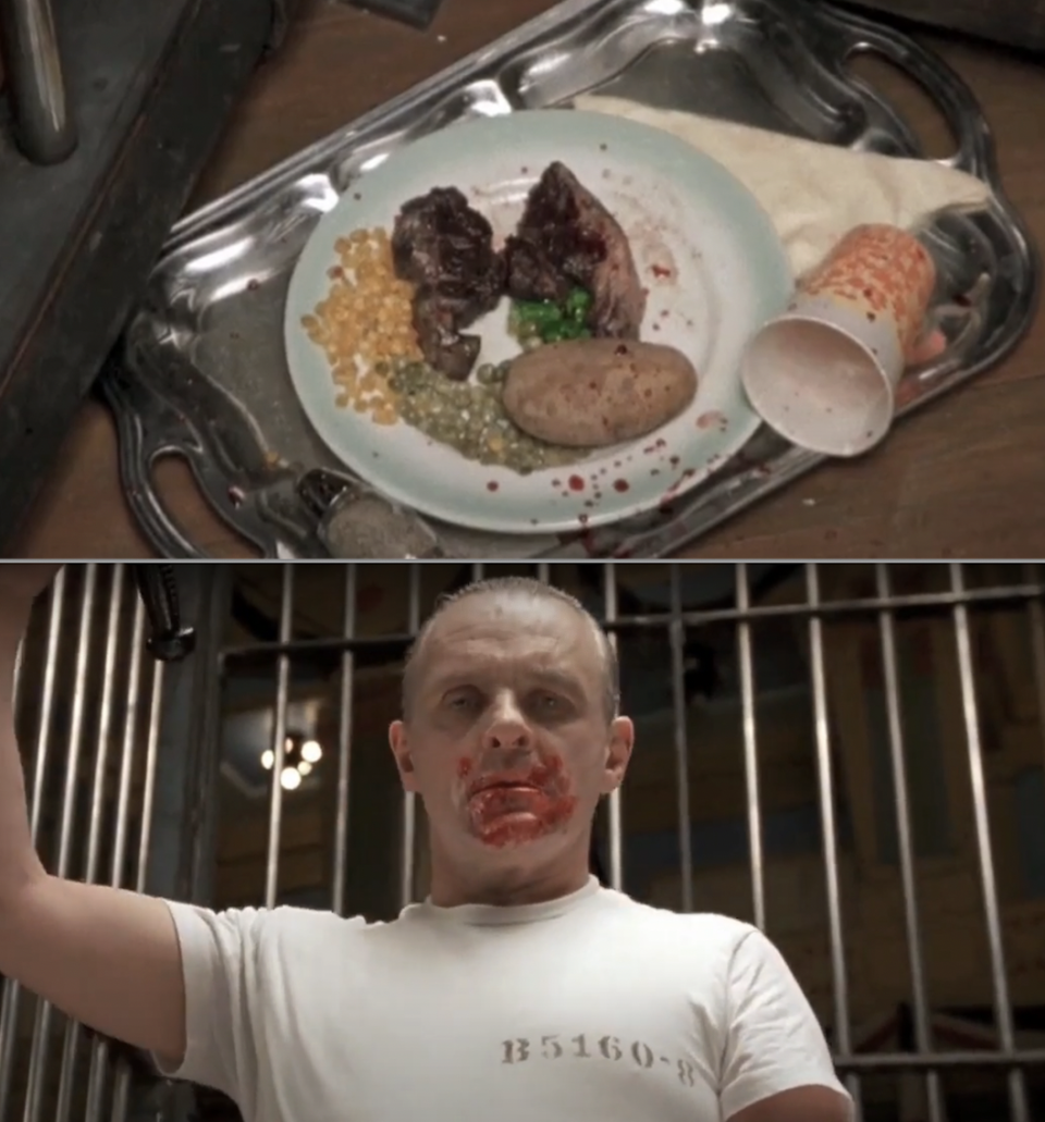 Hannibal Lecter in prison with his food in "The Silence of the Lambs"