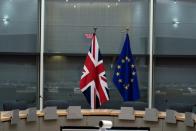 British Union Jack and EU flags are pictured before the meeting with Britain's Brexit Secretary Barclay and EU's chief Brexit negotiator Barnier in Brussels