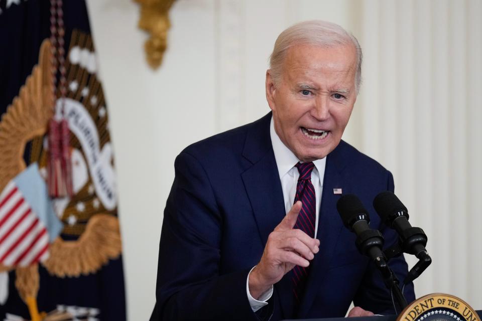 WASHINGTON, DC - JANUARY 19: U.S. President Joe Biden speaks during an event with bipartisan mayors attending the U.S. Conference of Mayors Winter Meeting, in the East Room of the White House January 19, 2024 in Washington, DC. More than 300 U.S. mayors are in Washington, DC for the U.S. Conference of Mayors Winter Meeting. (Photo by Drew Angerer/Getty Images) ORG XMIT: 776092487 ORIG FILE ID: 1938433524