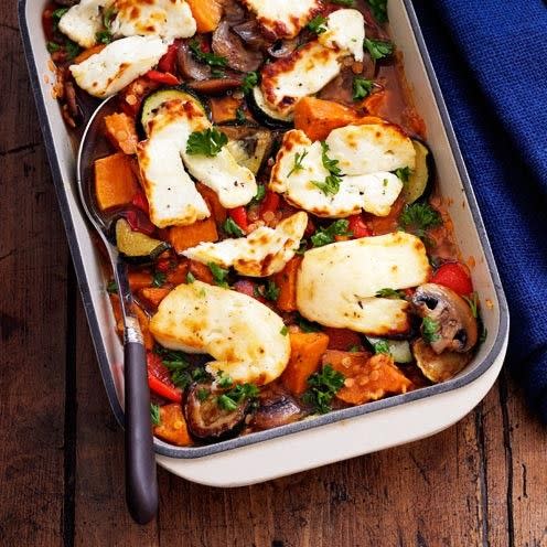 <p>This halloumi bake couldn't be easier to make and combines red pepper, mushrooms, sweet potato, courgette, red lentils and grilled halloumi slices for a fulfilling and delicious dinner.</p><p><strong>Recipe: <a href="https://www.goodhousekeeping.com/uk/food/recipes/a535470/roasted-vegetable-lentil-and-halloumi-bake/" rel="nofollow noopener" target="_blank" data-ylk="slk:Roasted vegetable, lentil and halloumi bake;elm:context_link;itc:0;sec:content-canvas" class="link ">Roasted vegetable, lentil and halloumi bake</a></strong><br></p>