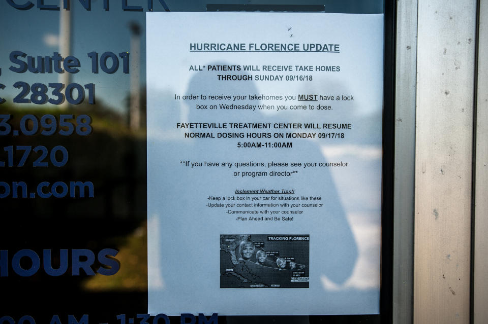 A sign on the closed Fayetteville Treatment Center, which was supposed to reopen on Sept. 17. Due to its proximity to the Cape Fear River, the clinic remained closed until Thursday, Sept. 20. (Photo: Joseph Rushmore for HuffPost)