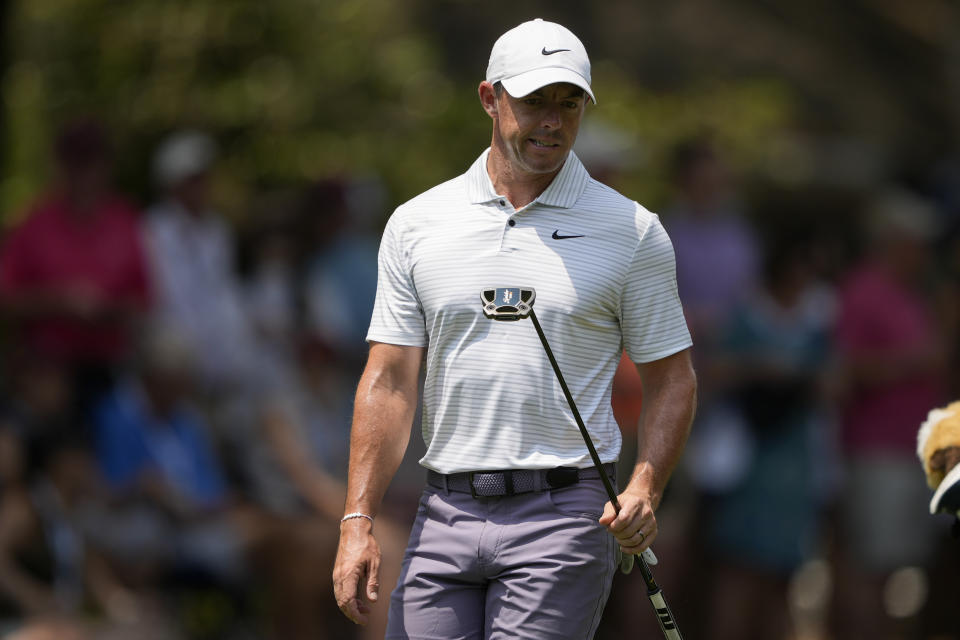 Rory McIlroy, of Northern Ireland, reacts after missing a putt on the first hole during the third round of the RBC Heritage golf tournament, Saturday, April 20, 2024, in Hilton Head Island, S.C. (AP Photo/Chris Carlson)