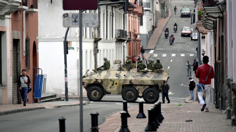 Ecuadorean security forces on patrol after Ecuadorean President Daniel Noboa declared the country in a state of "internal armed conflict" in January. - Rodrigo Buendia/AFP/Getty Images