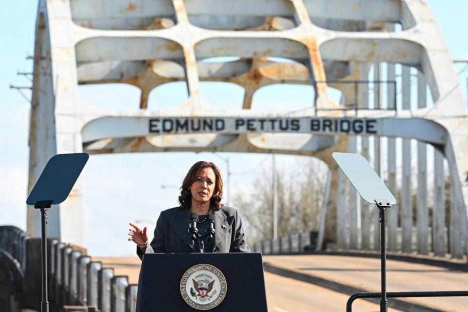 PHOTO: Vice President Kamala Harris speaks at the Edmund Pettus Bridge to commemorate the 59th anniversary of 'Bloody Sunday' in Selma, AL, Mar. 3, 2024.  (Saul Loeb/AFP via Getty Images)