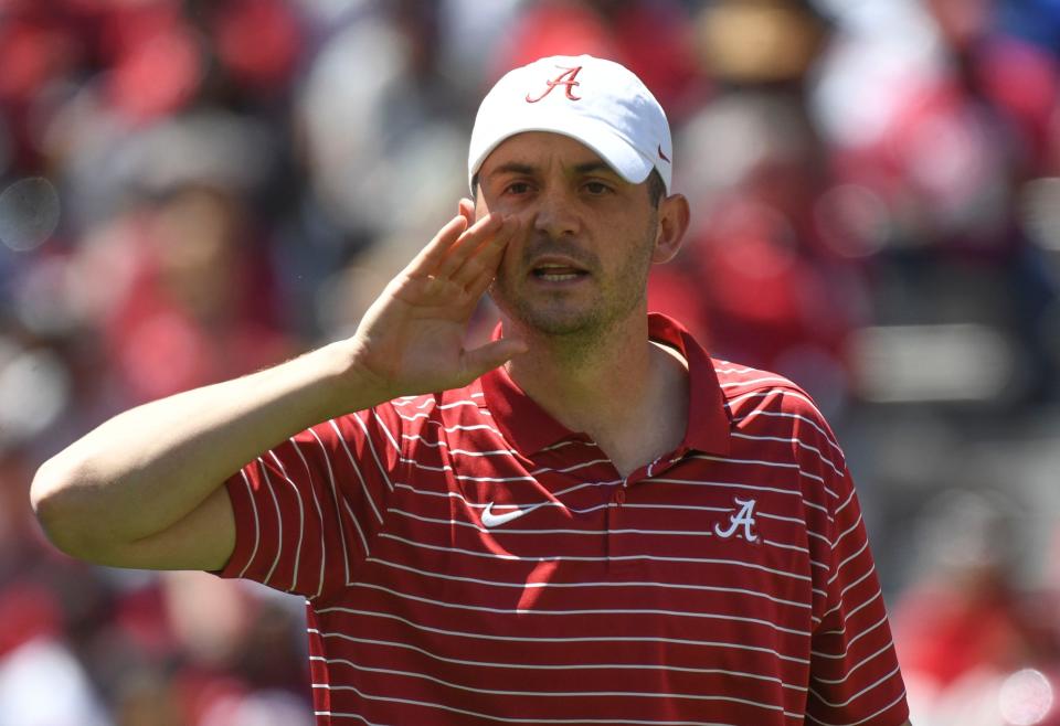 Apr 22, 2023; Tuscaloosa, AL, USA; Alabama offensive coordinator Tommy Rees yells instructions during the A-Day game at Bryant-Denny Stadium. 