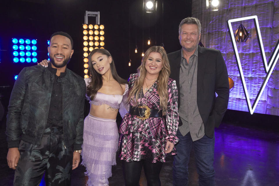 (L-R) John Legend, Ariana Grande, Kelly Clarkson and Blake Shelton on the set of “The Voice.” - Credit: Trae Patton/NBC