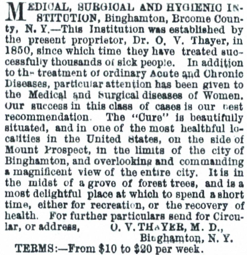 An 1874 ad from Dr. Thayer in a Scranton newspaper.