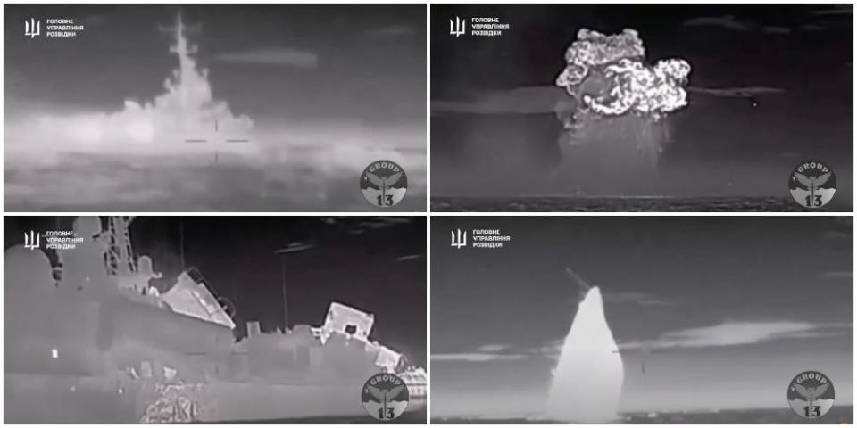 A series of four reversed black-and-white stills from footage shared by Defense Intelligence of Ukraine claims to show, variously, naval drones' eye views of the Ivanovets, as well as views from a distance, during an overnight attack on January 31, 2024.